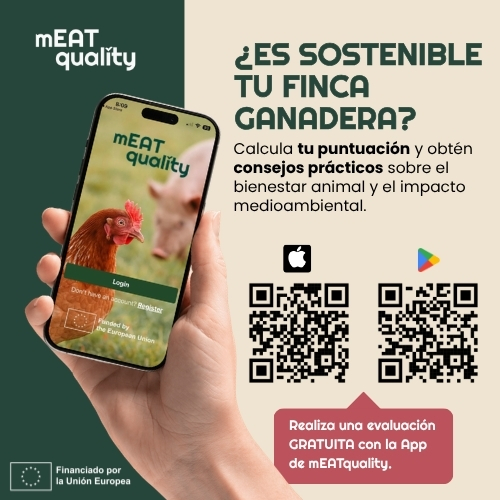 Banner de la aplicación mEATquality con códigos QR de descarga